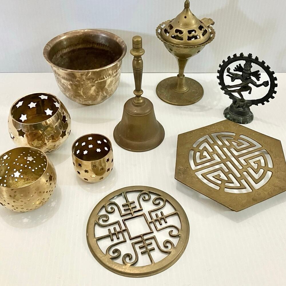 Vintage Brass Decor Lot Ornate Incense Candle Holders Trivets Bell Shiva MCM